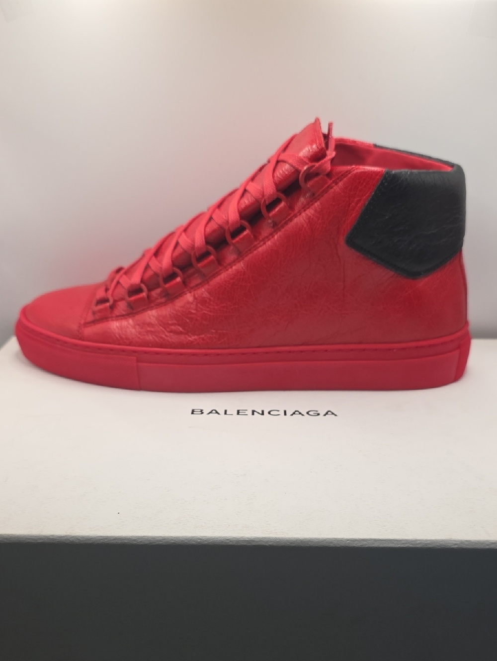Balenciaga Red Leather High-Top Sneaker with Black Heel Accent